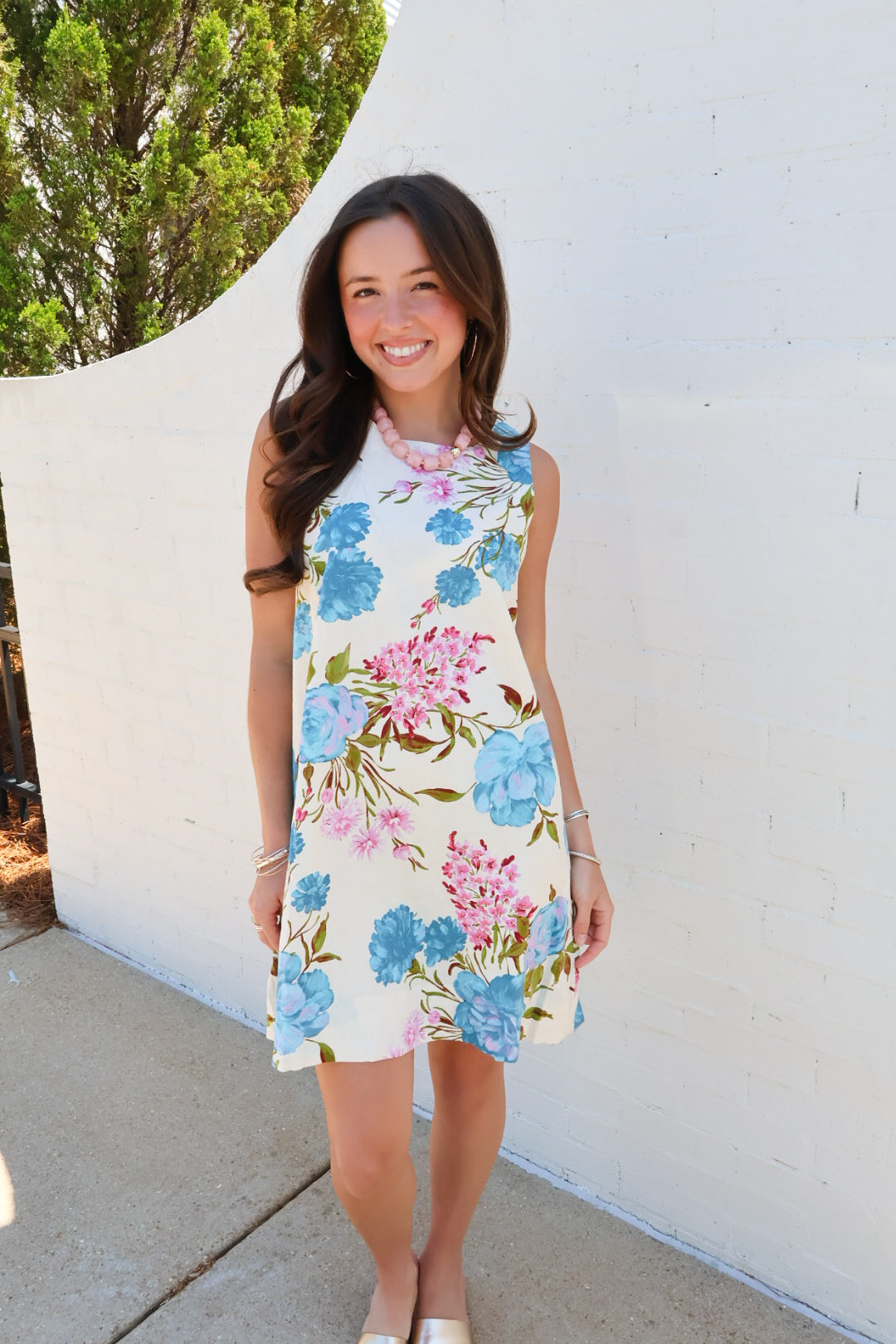 Blue Floral Linen Blend Shift Dress