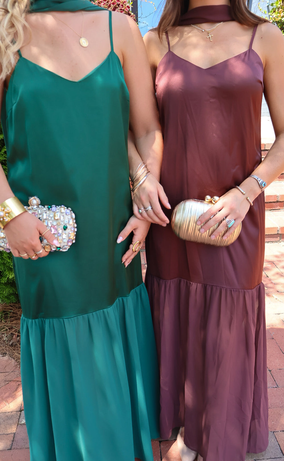 Emerald green satin slip maxi dress with adjustable straps and a detachable neck scarf