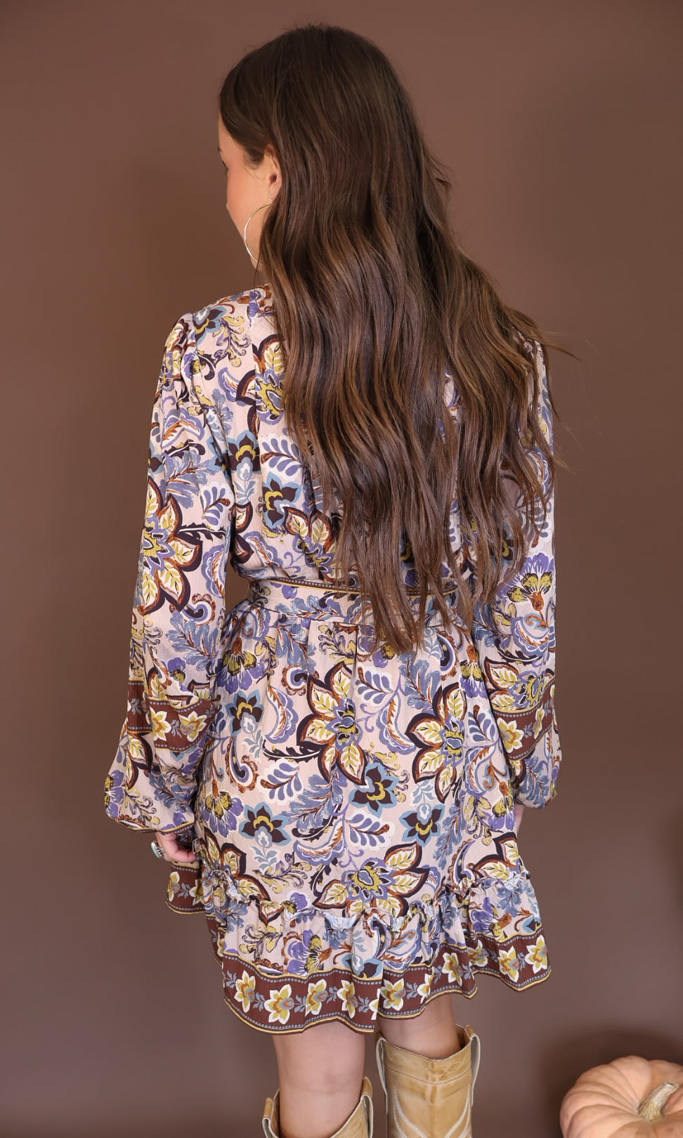 Floral Print Belted Long Sleeve Mini Dress — back view.
