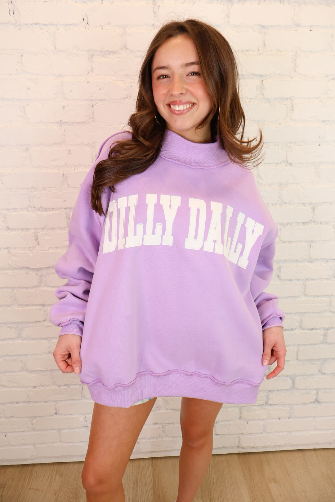 Dilly Dally Embroidered Oversized Mockneck Pullover - Lavender