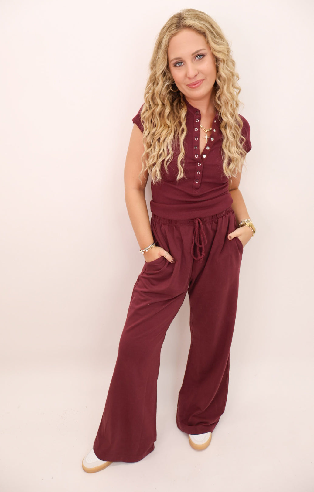 Short Sleeve Henley and Pants Set - Wine