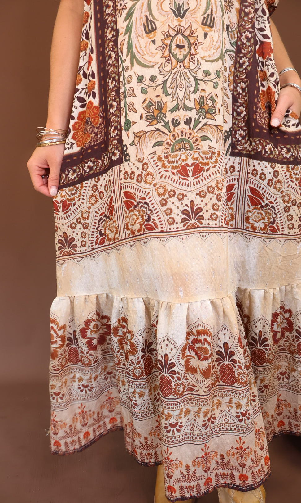 Boho Print Short Sleeve Midi Dress — close-up of contrasting print bands.