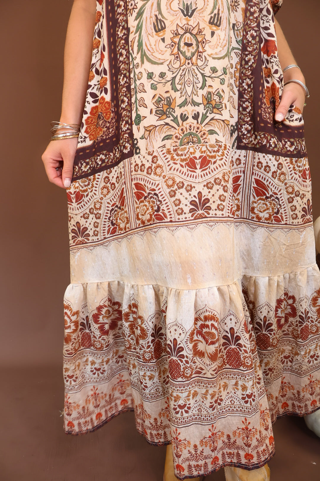 Boho Print Short Sleeve Midi Dress — close-up of contrasting print bands.