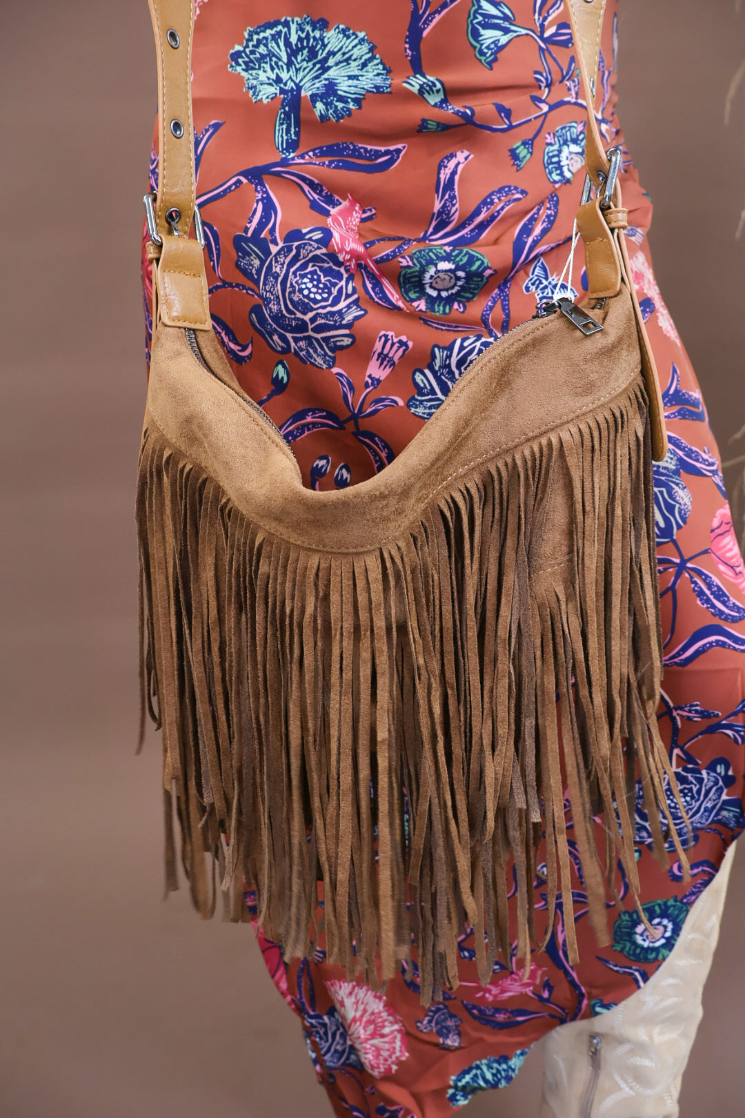 Brown suede fringe crossbody bag