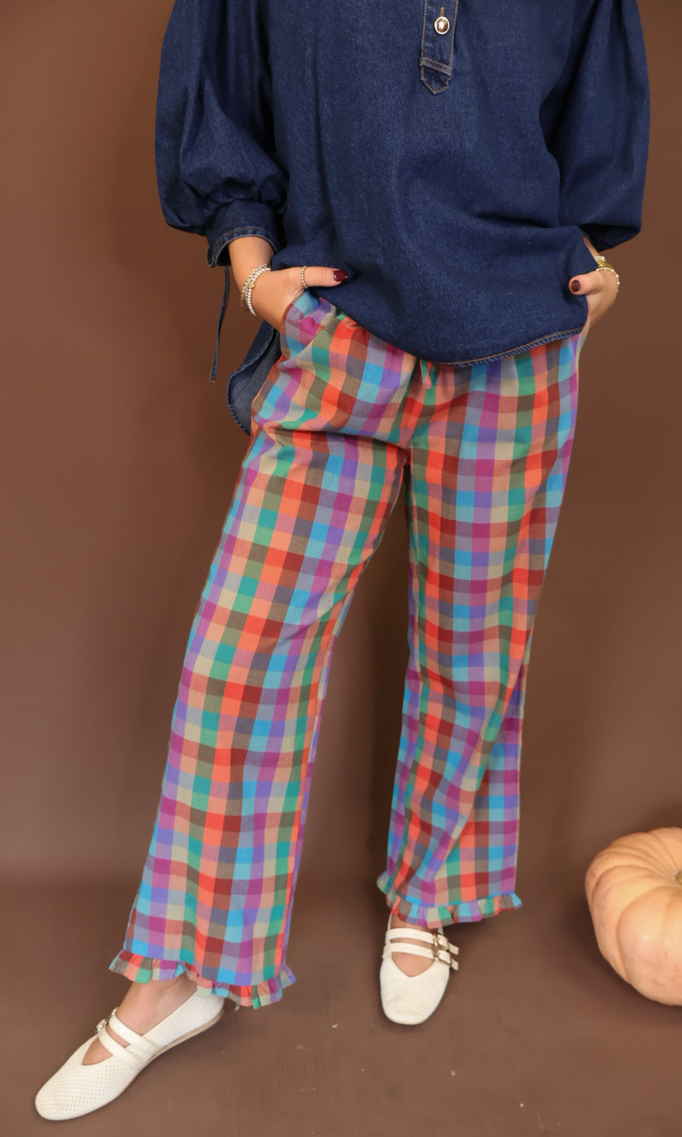 Multicolor Plaid Ruffle Hem Pants — front view.