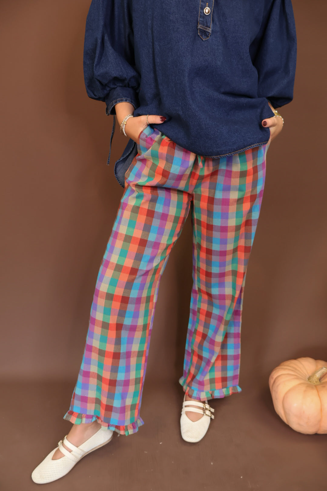 Multicolor Plaid Ruffle Hem Pants — front view.