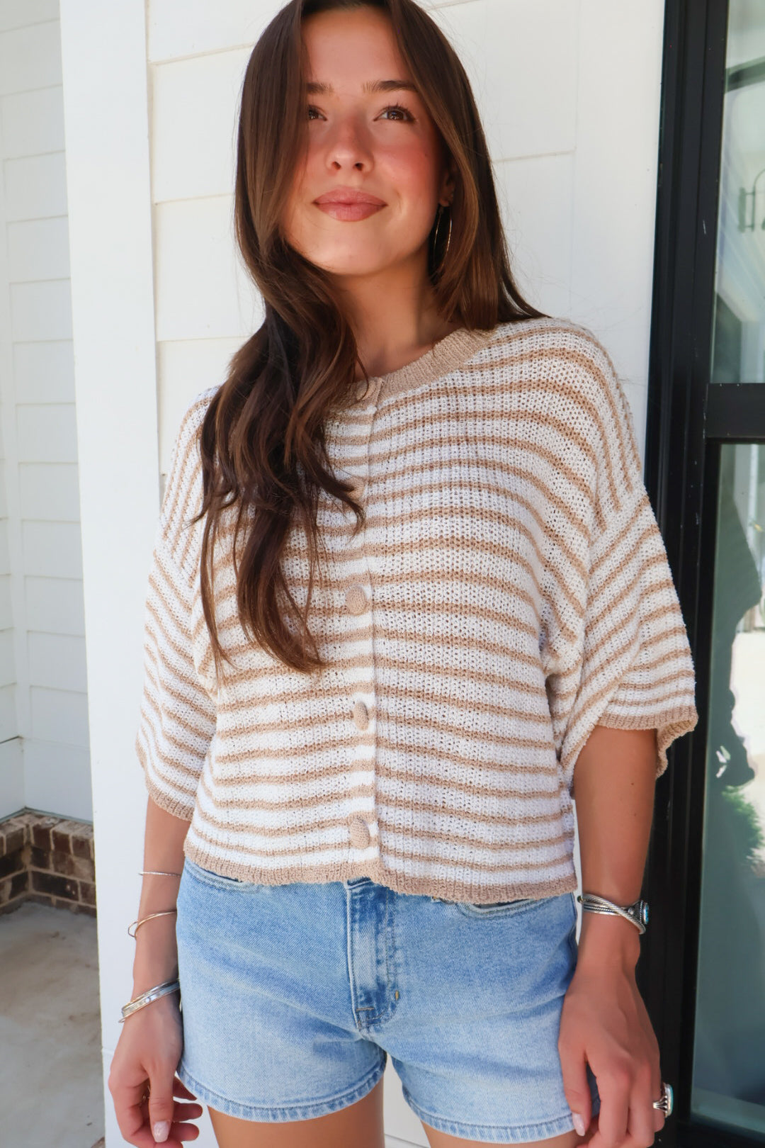 Taupe Striped Button Front Sweater