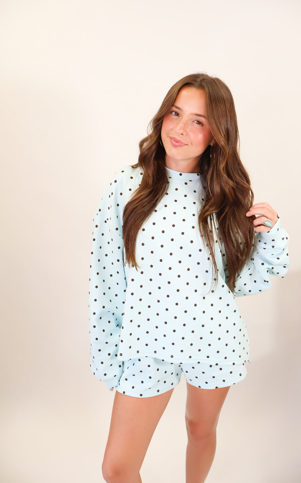 Baby Blue + Brown Polka Dot Shorts Set