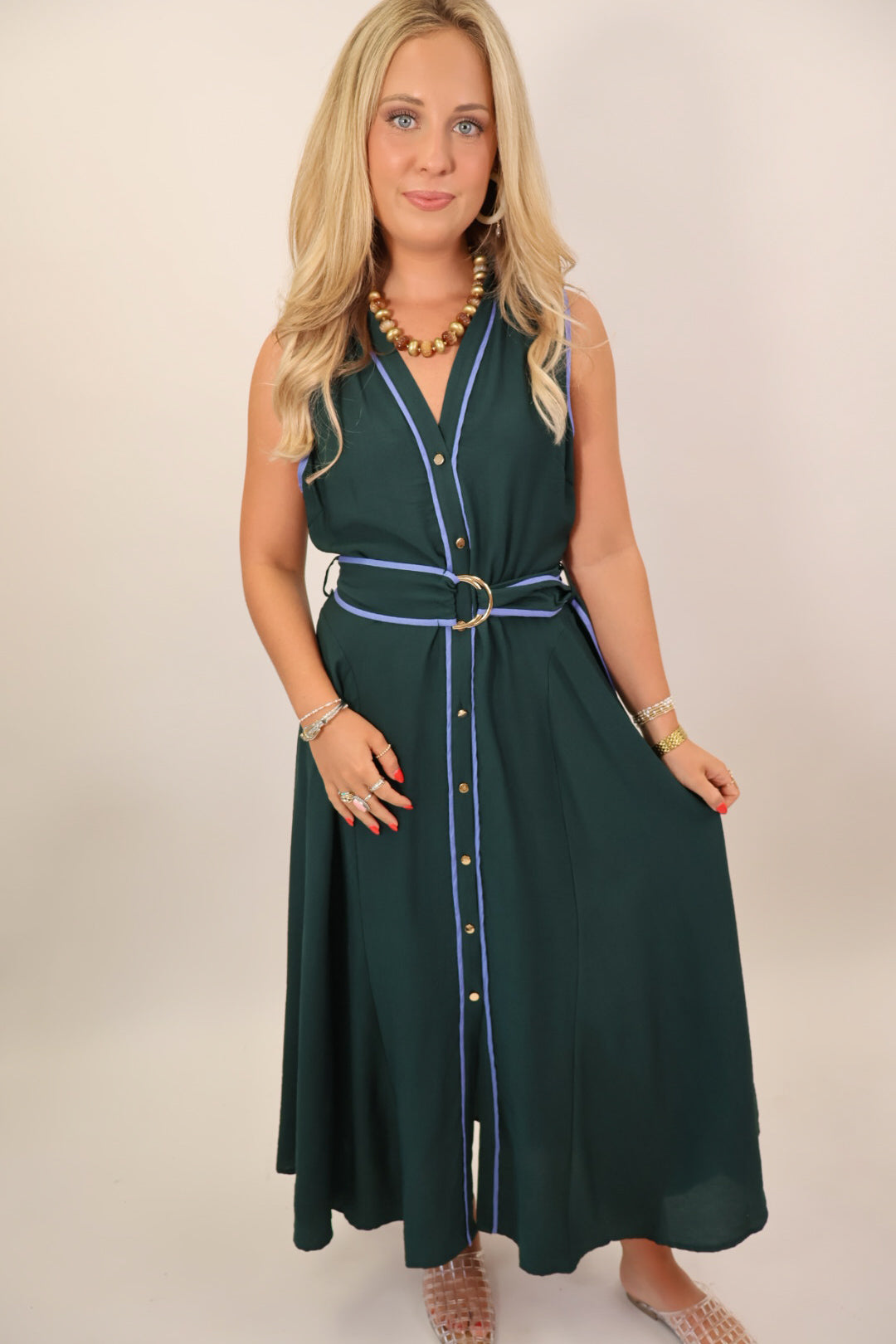 Green Contrast Trim Midi Dress