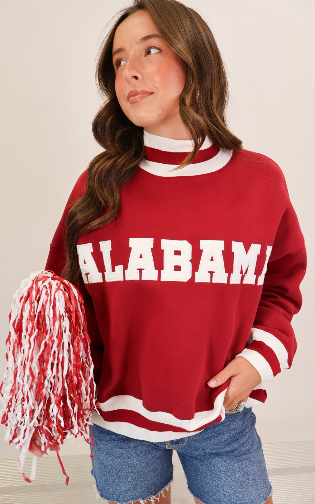 Crimson Alabama varsity mockneck pullover with white appliqué lettering — view 3