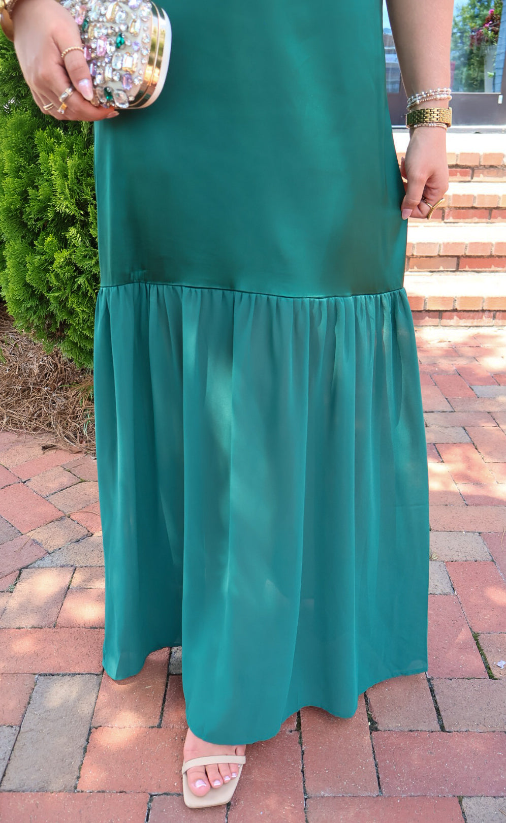 Emerald green satin slip maxi dress with adjustable straps and a detachable neck scarf