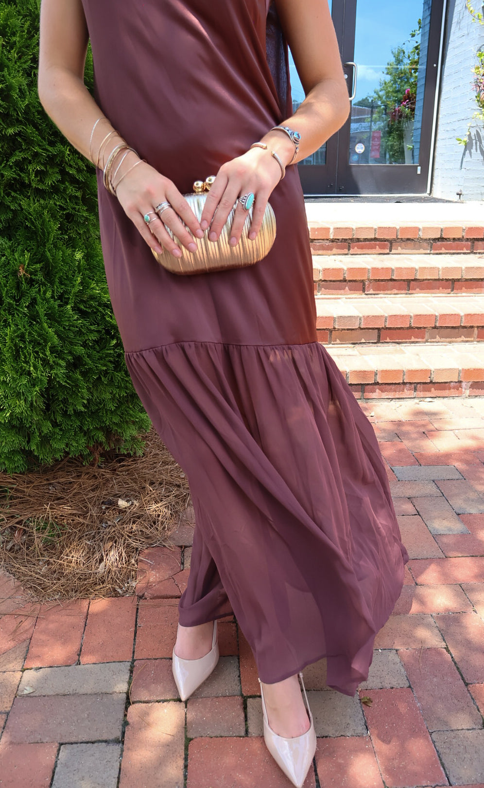 Chocolate brown satin slip maxi dress with adjustable straps and a detachable neck scarf