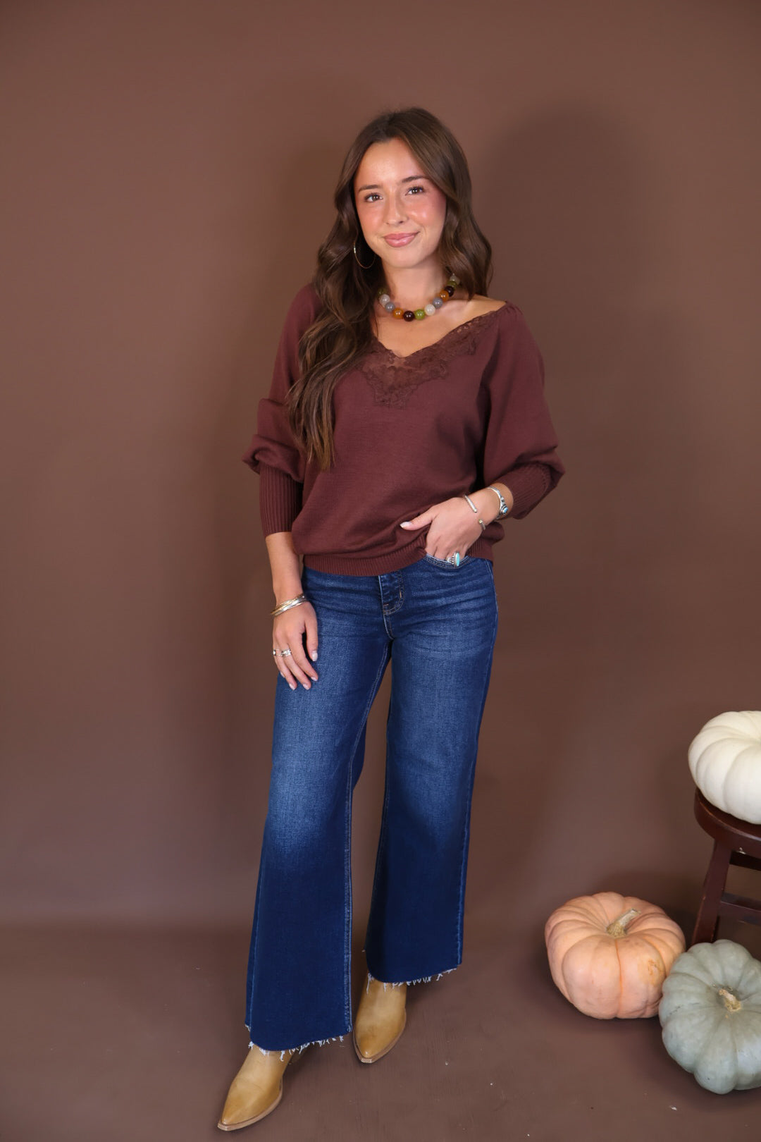 Brown Lace Neckline Sweater — full outfit.