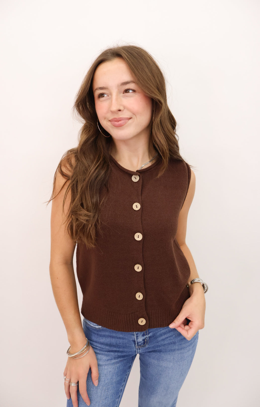 Sleeveless Button Front Knit Vest Top - Brown