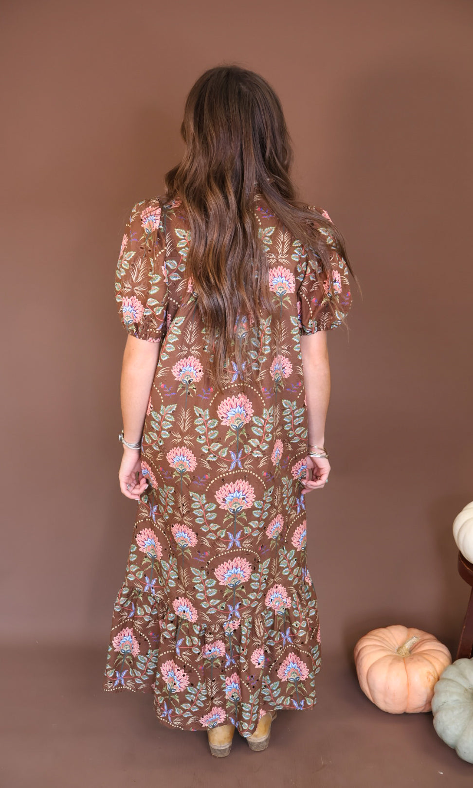 Brown Floral Eyelet Midi Dress — back view.