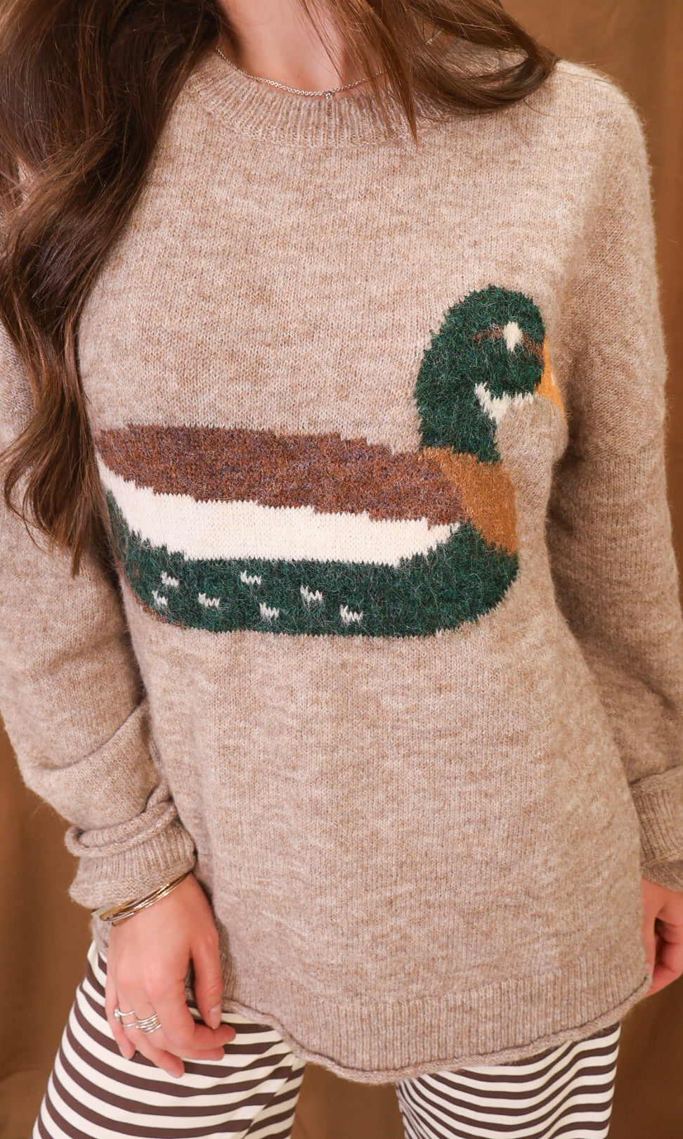 Mocha Mallard Graphic Sweater — close-up of mallard graphic.