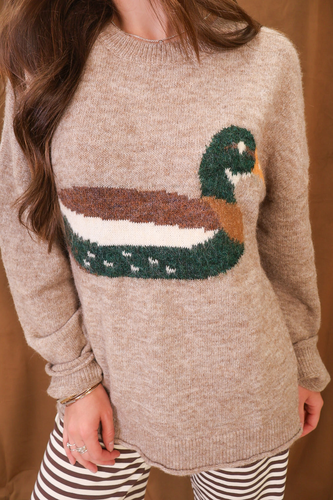 Mocha Mallard Graphic Sweater — close-up of mallard graphic.