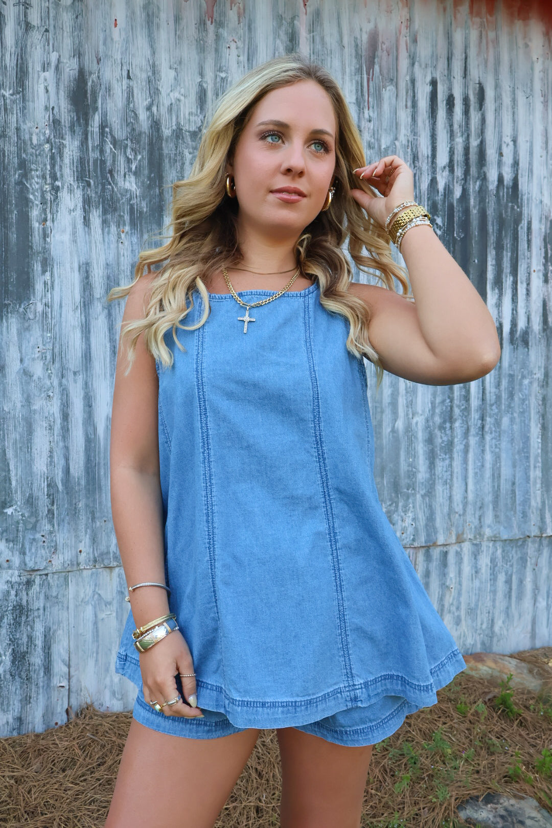 Denim Trapeze Top and Shorts Set