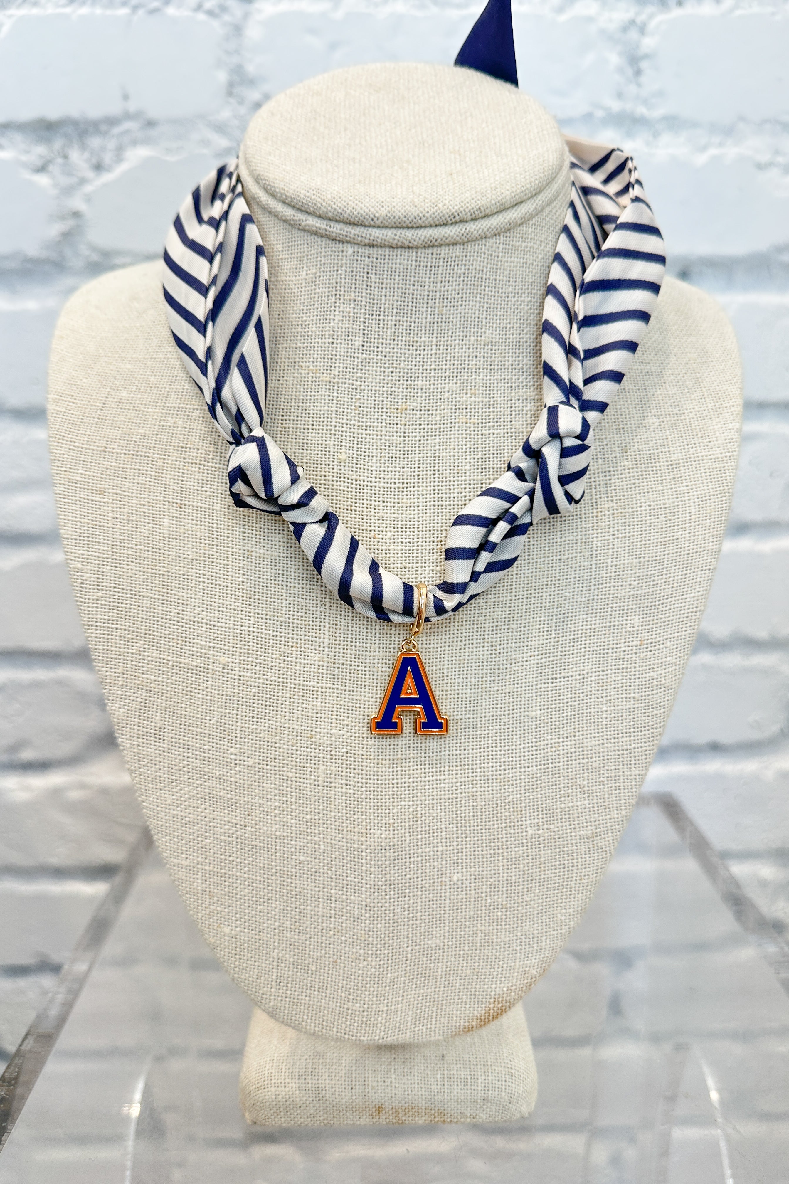 Gameday Scarf Necklace - Navy Stripe with A Pendant