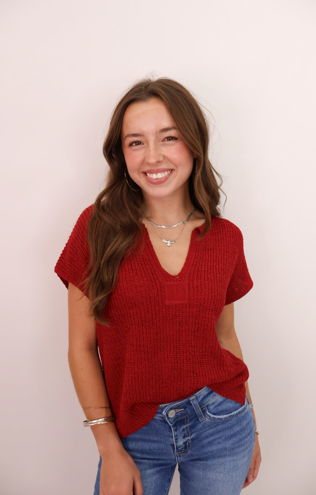 Split Neck Pullover Sweater - Crimson