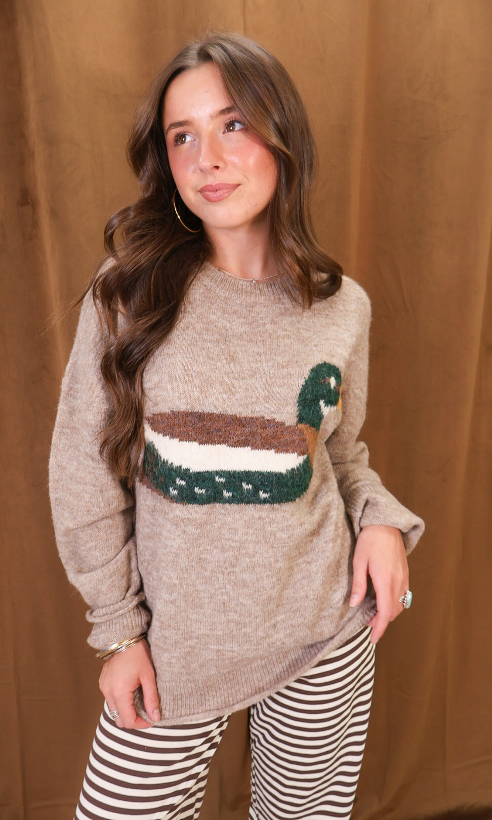 Mocha Mallard Graphic Sweater — front view.