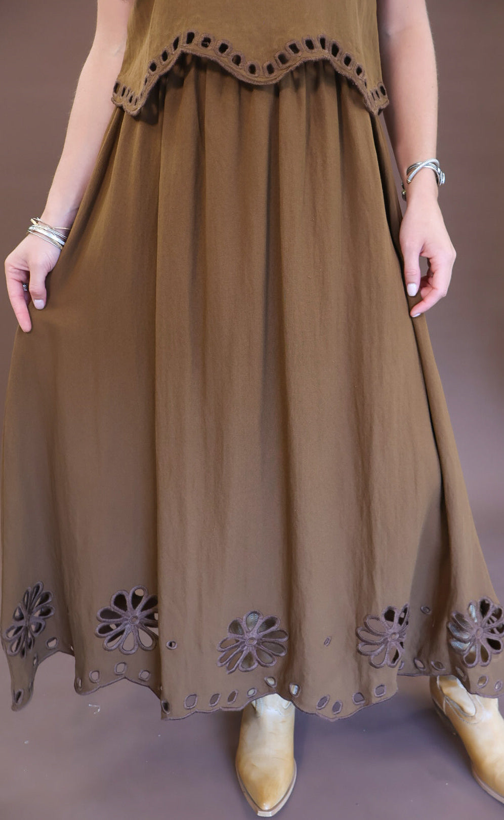 Chocolate eyelet cutout boxy top and skirt set