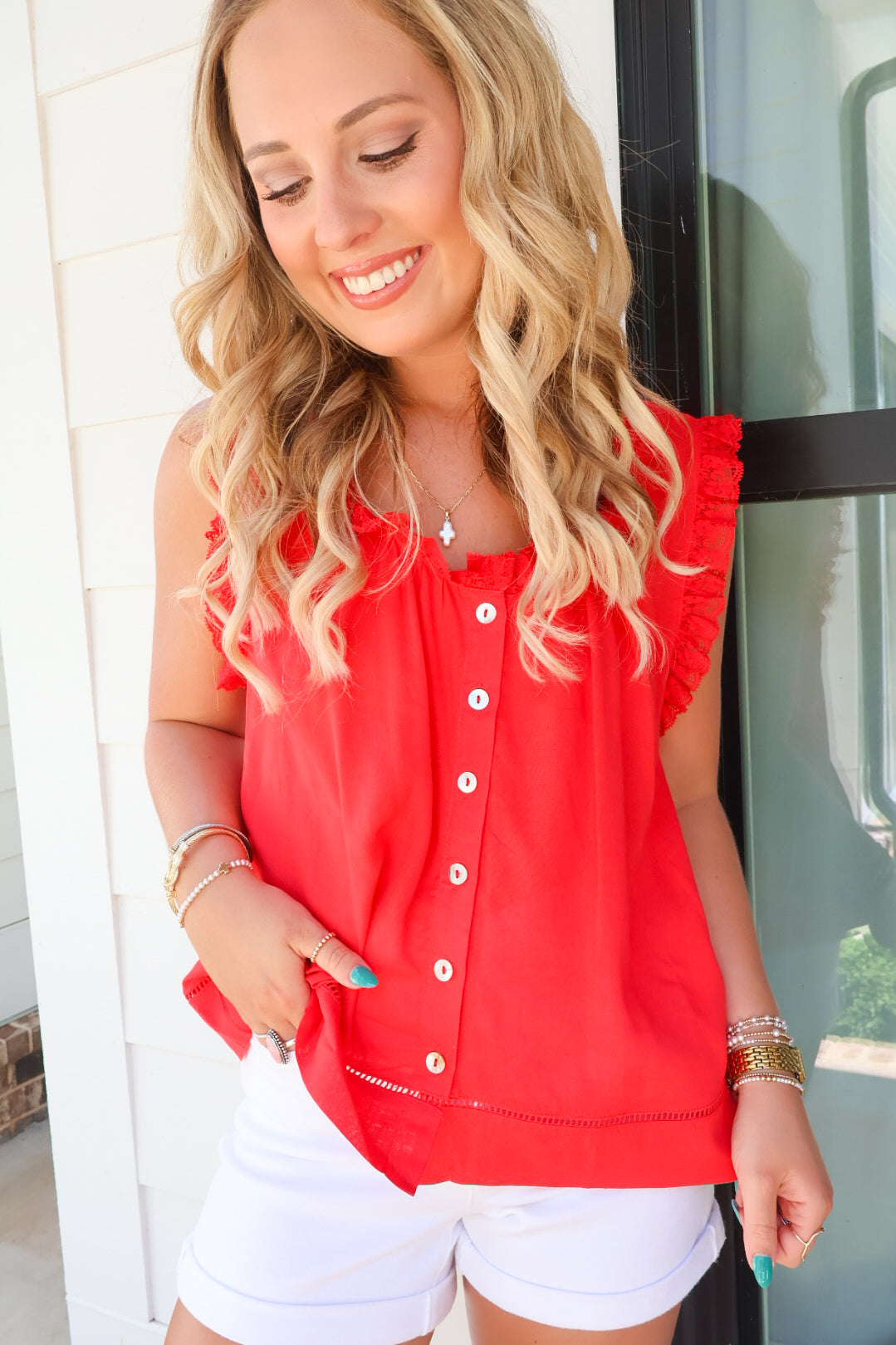Red Lace Trim Button-Front Top