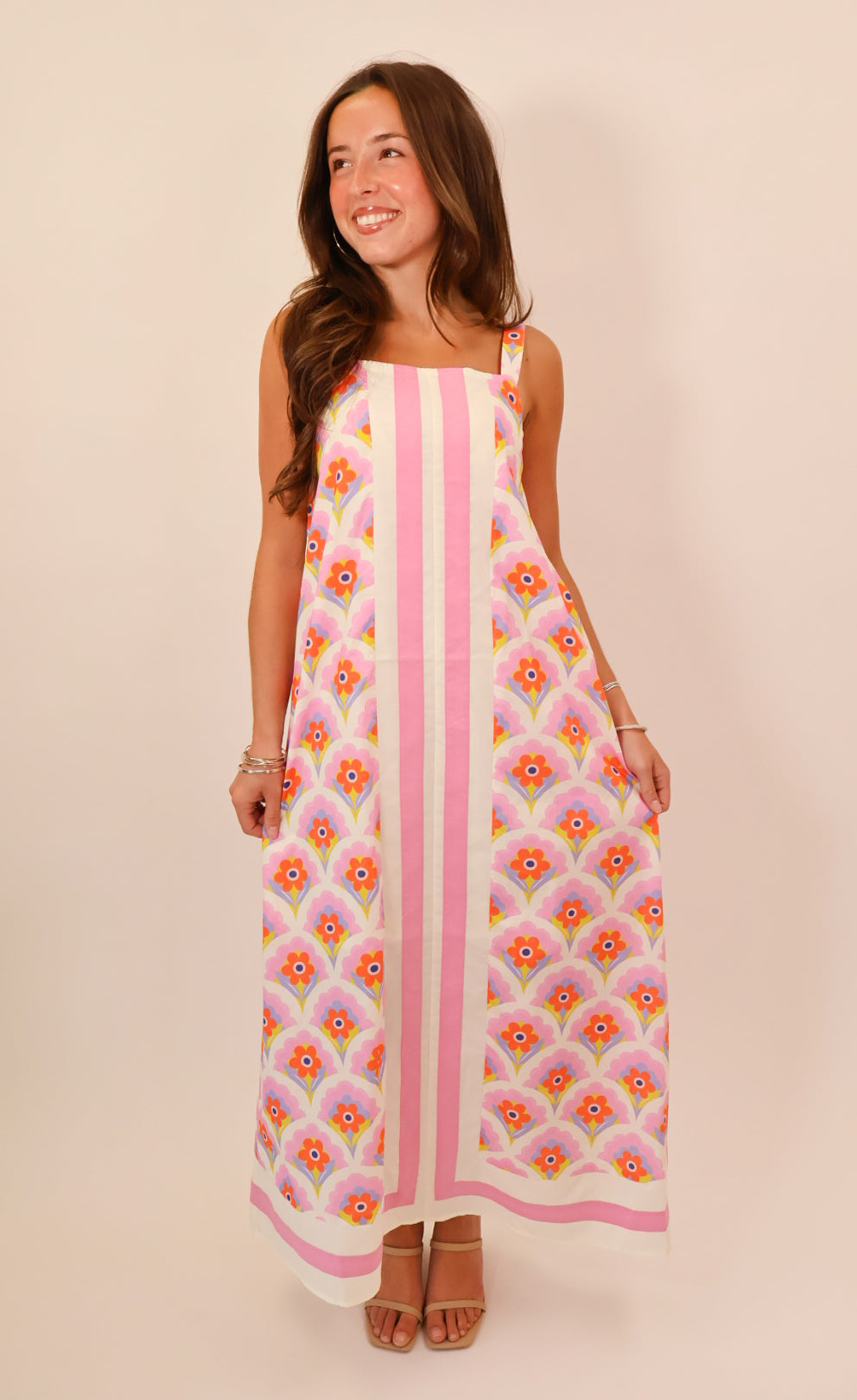 Pink Retro Floral Scallop Stripe Maxi Dress