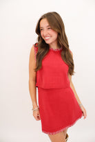 Contrast Stitch Sweater Top and Skirt Set - Crimson
