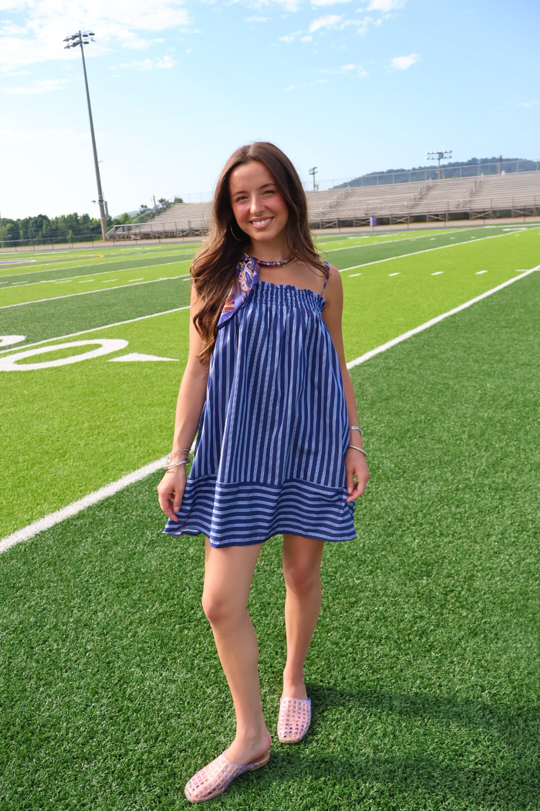 Navy Striped Smocked Mini Dress