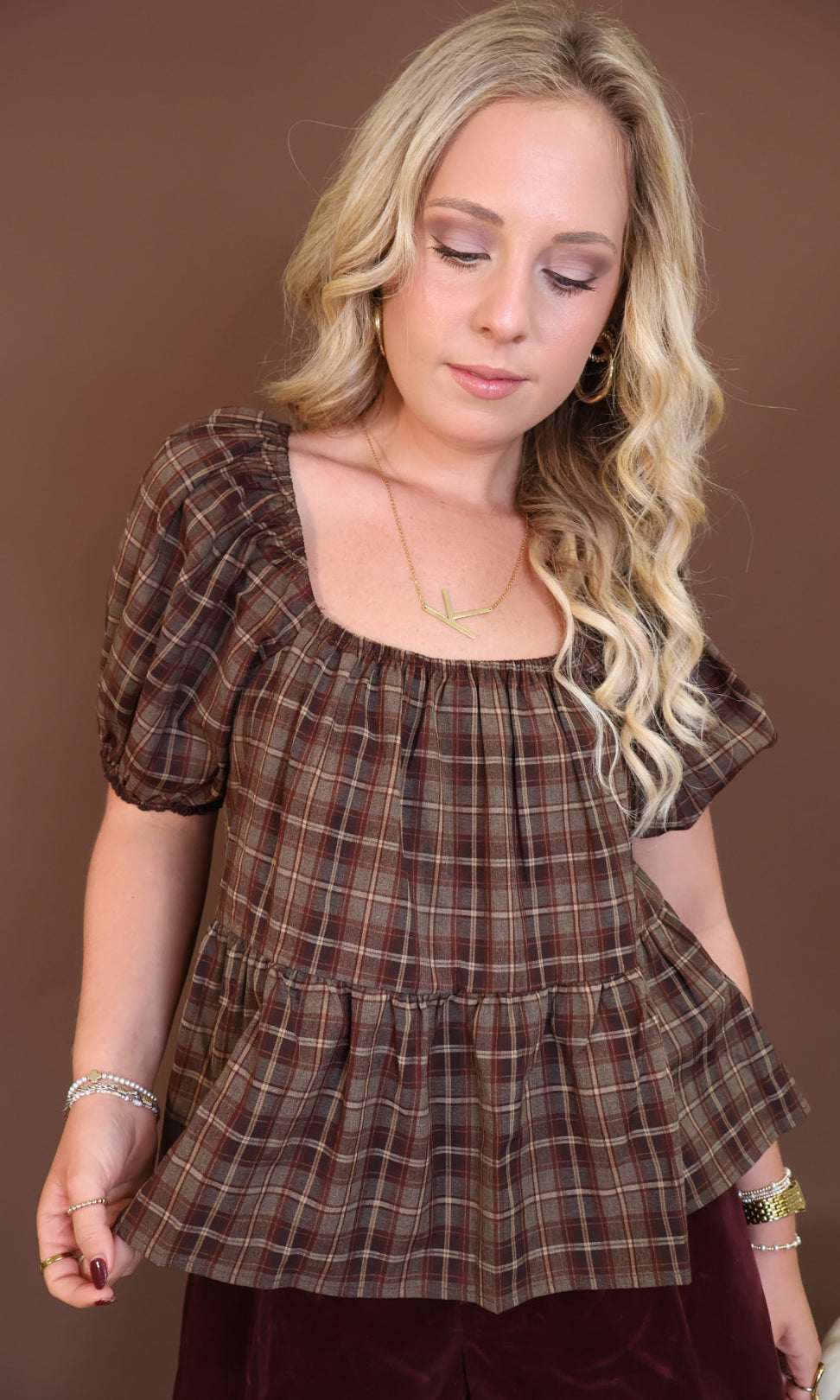 Brown Plaid Puff Sleeve Babydoll Top — front view.