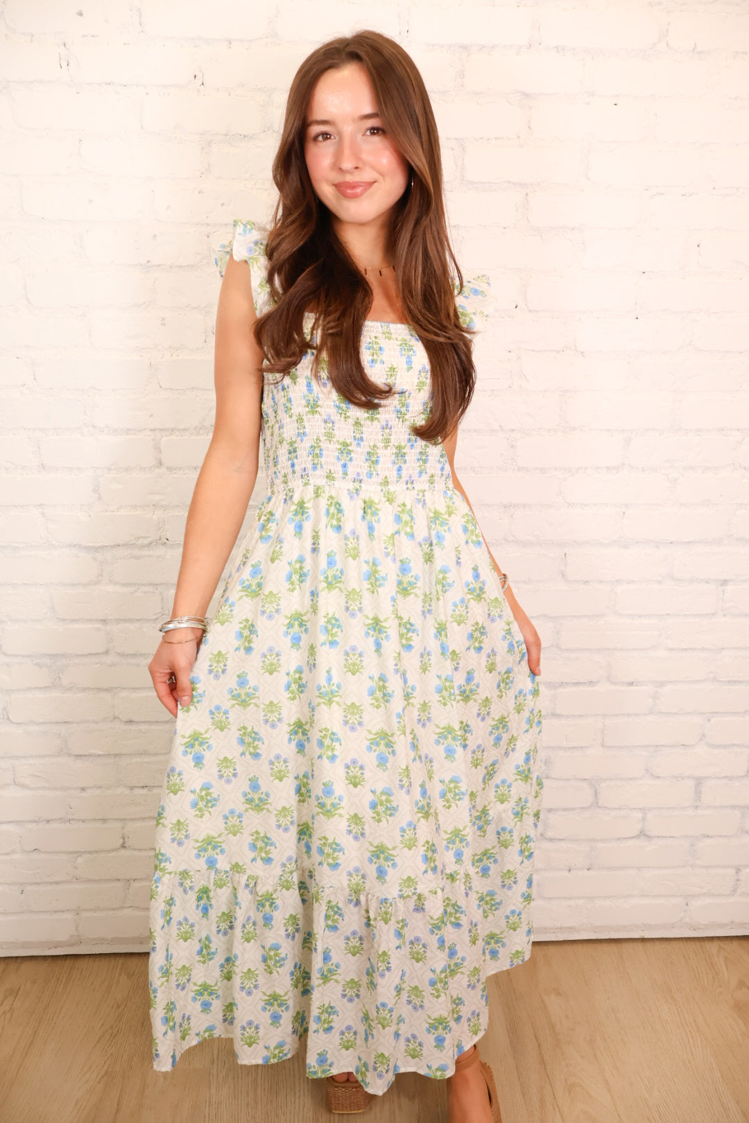 Block Floral Smocked Maxi Dress - Blue