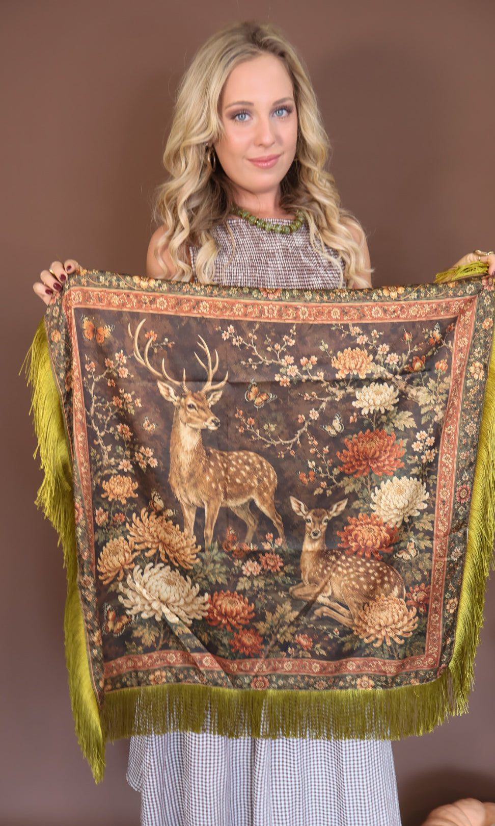 Green Deer Print Fringe Square Scarf — square scarf held open.