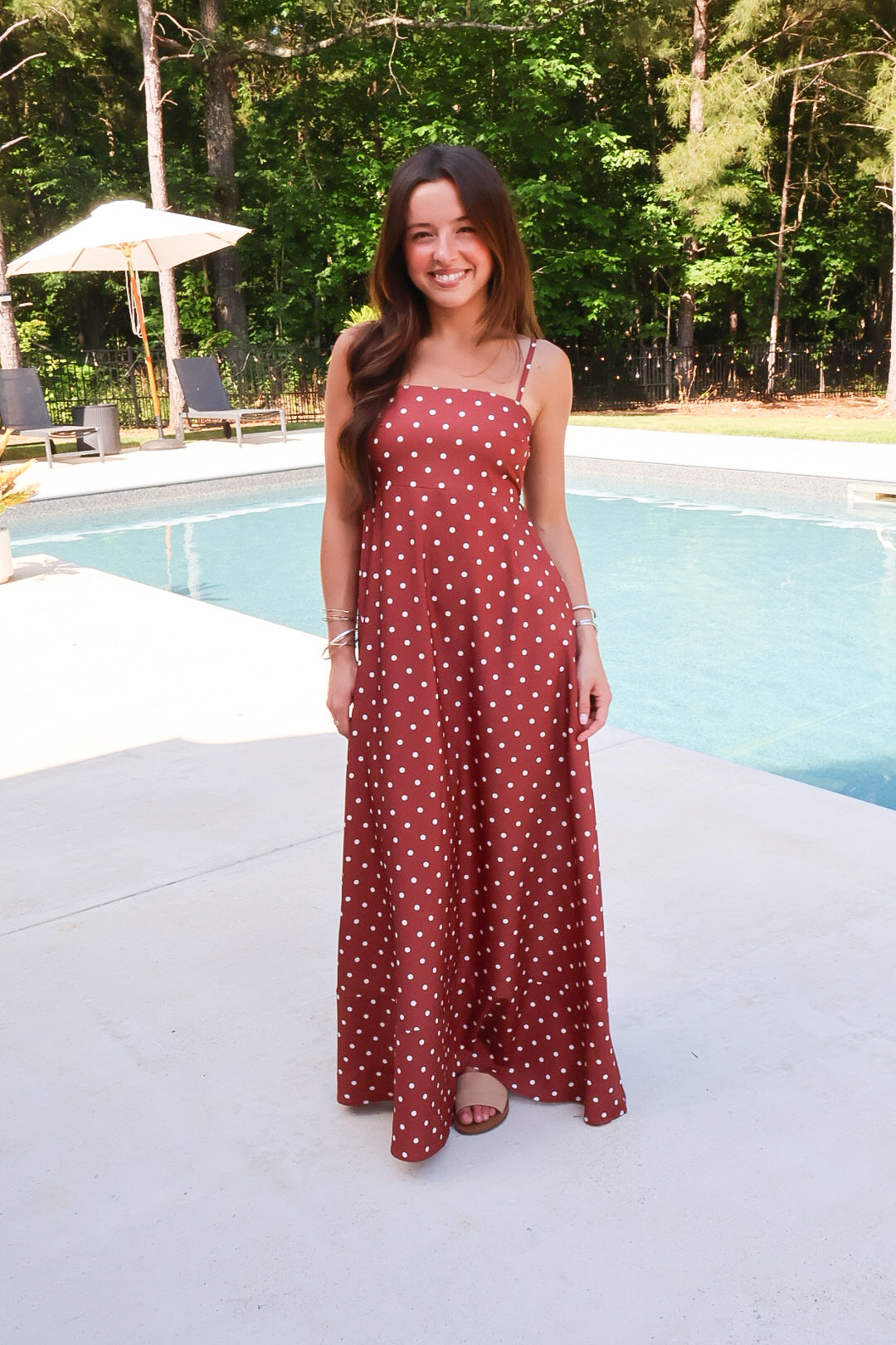 Brown and white polka dot maxi dress