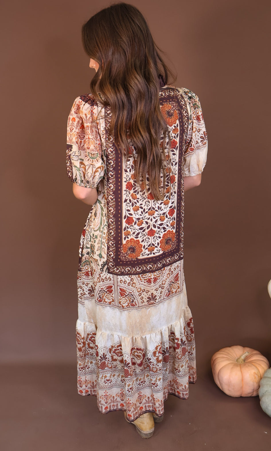 Boho Print Short Sleeve Midi Dress — back view.