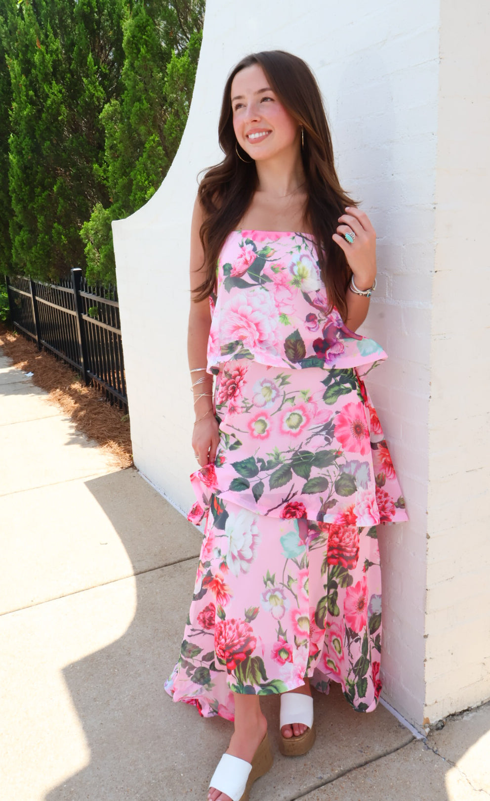 Pink Floral Tiered Ruffle Maxi Dress