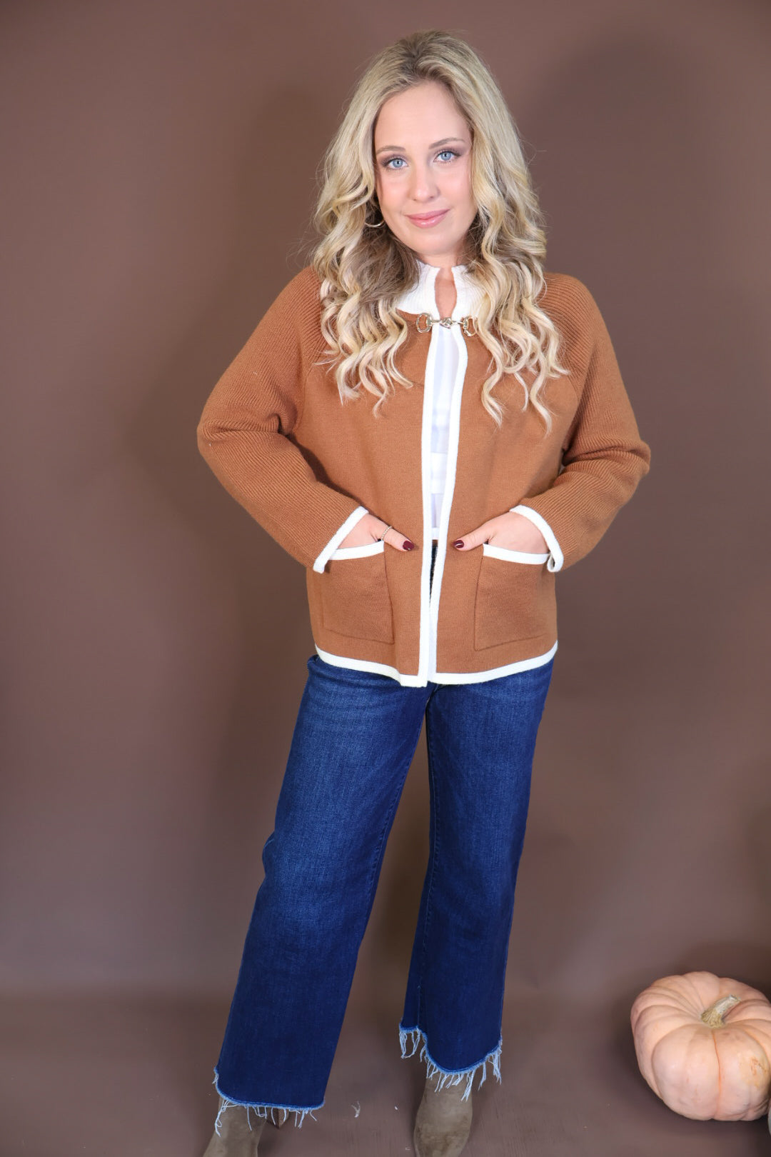 Camel Horsebit Detail Open-Front Cardigan — full outfit with jeans.