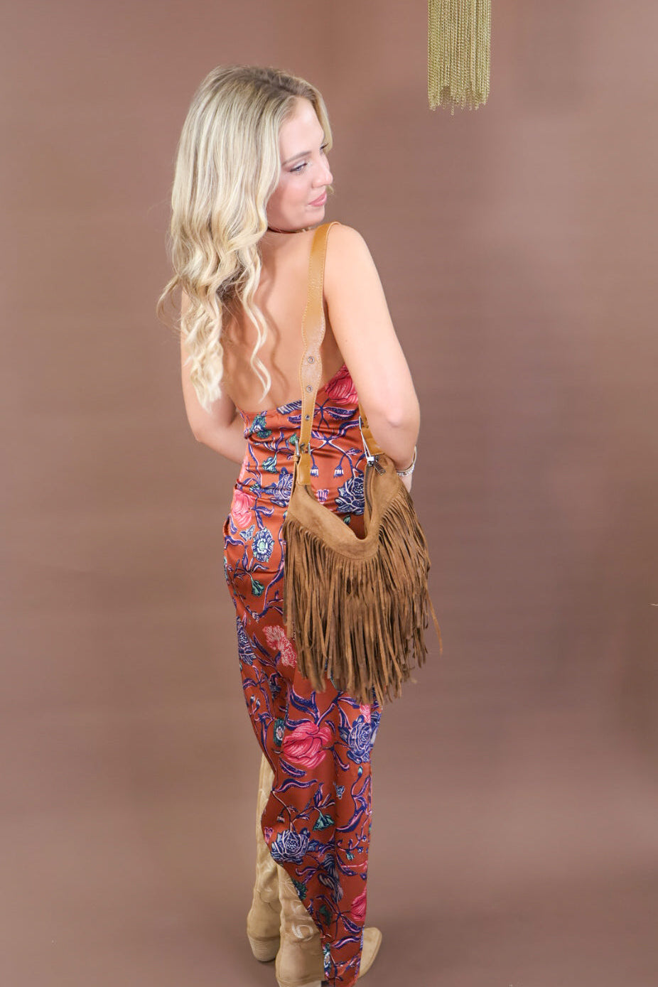 Rust floral satin cowl neck maxi dress with open back