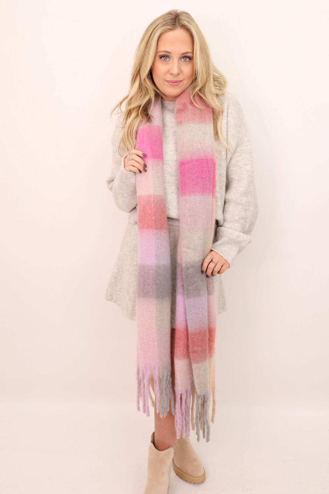 Oversized Plaid Scarf - Pink Mix