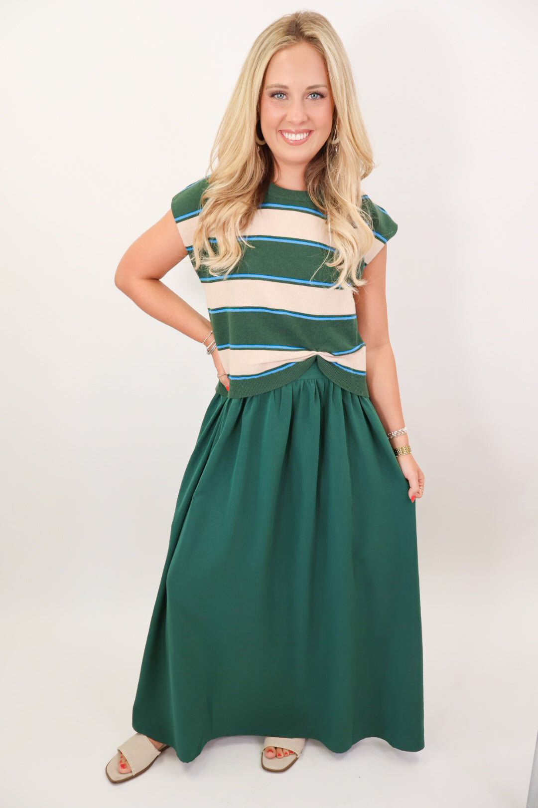 Hunter Green Stripe Two-in-One Midi Dress