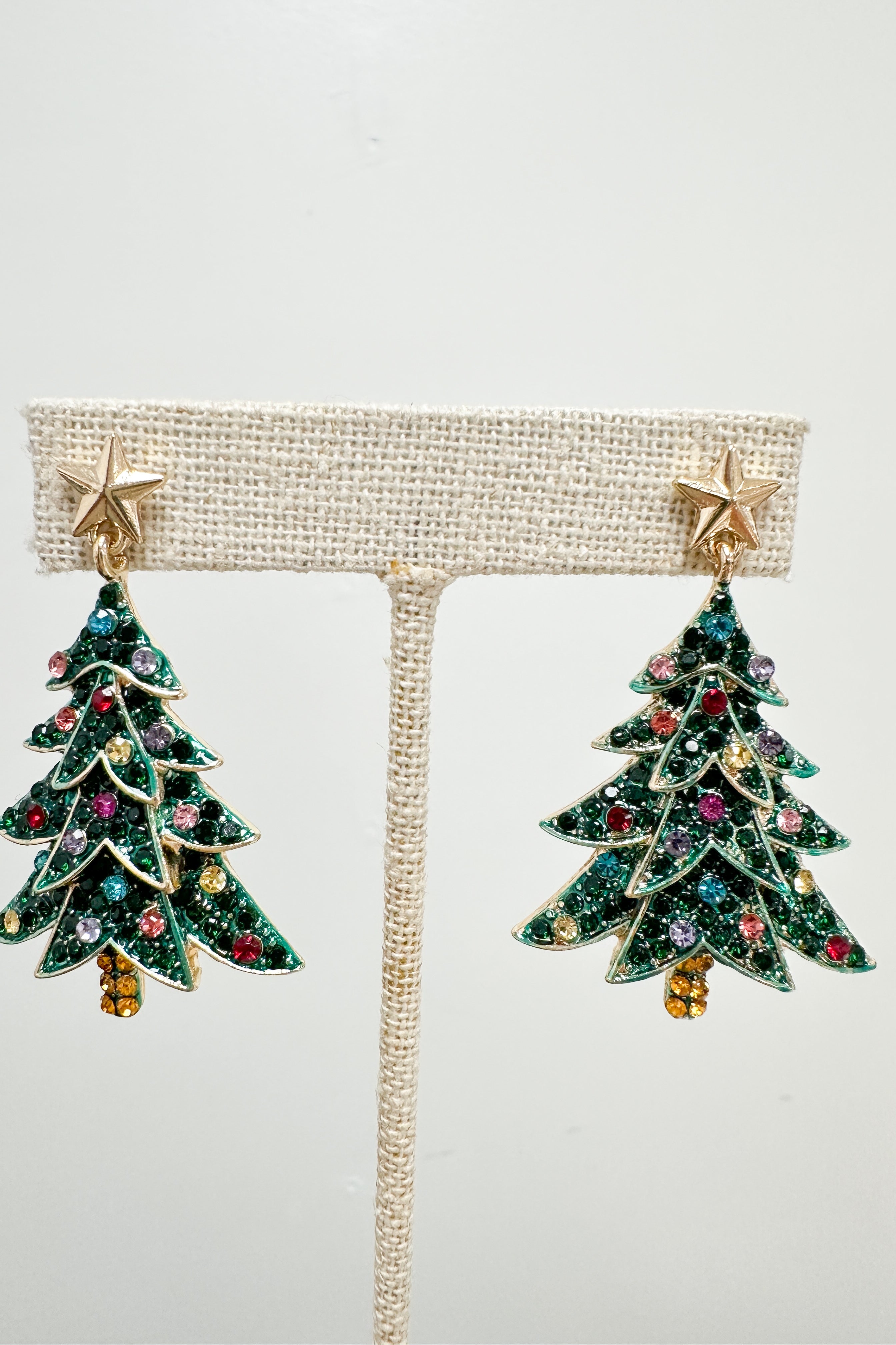 Rhinestone Christmas Tree Earrings — Green