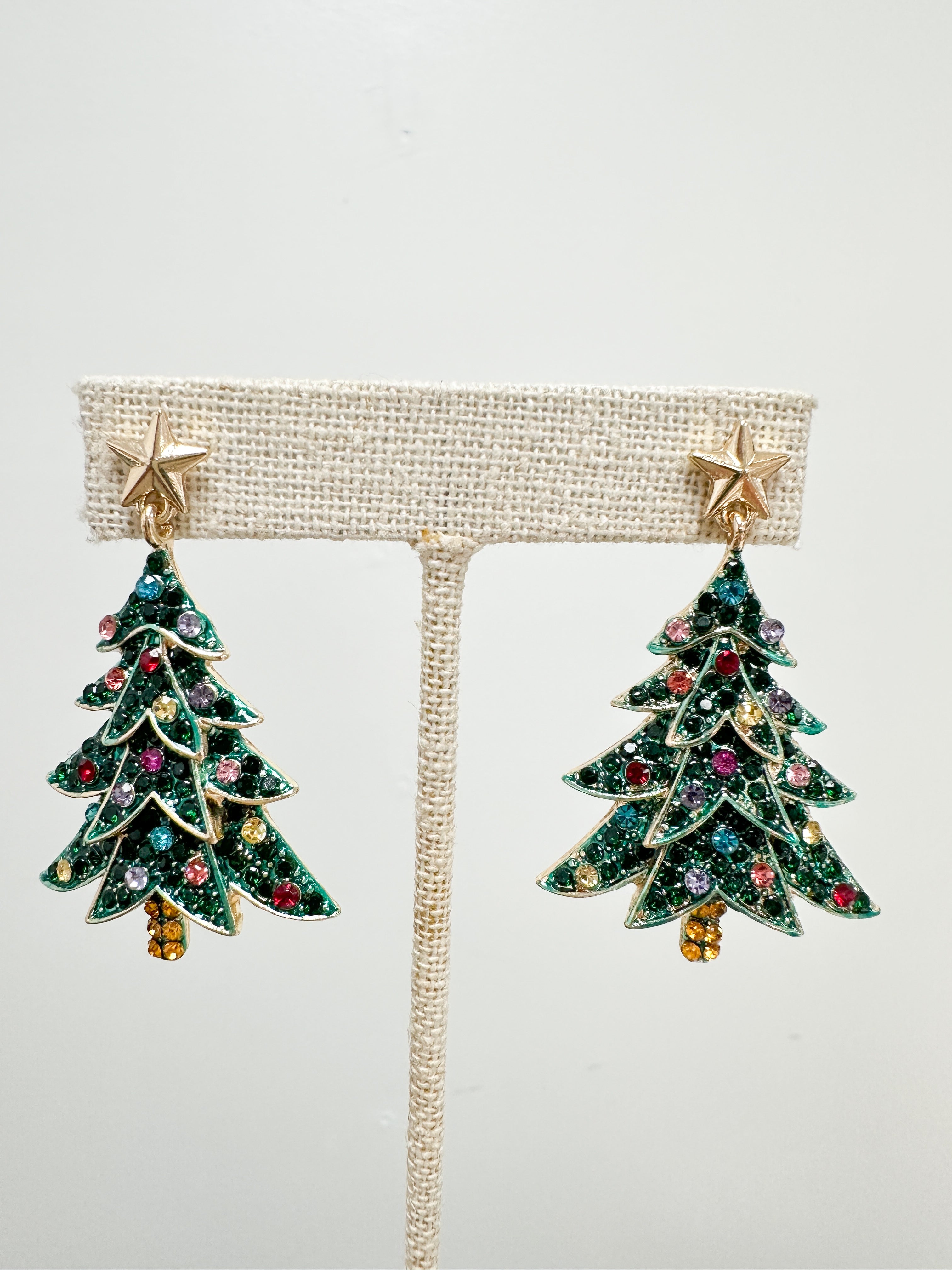 Rhinestone Christmas Tree Earrings — Green