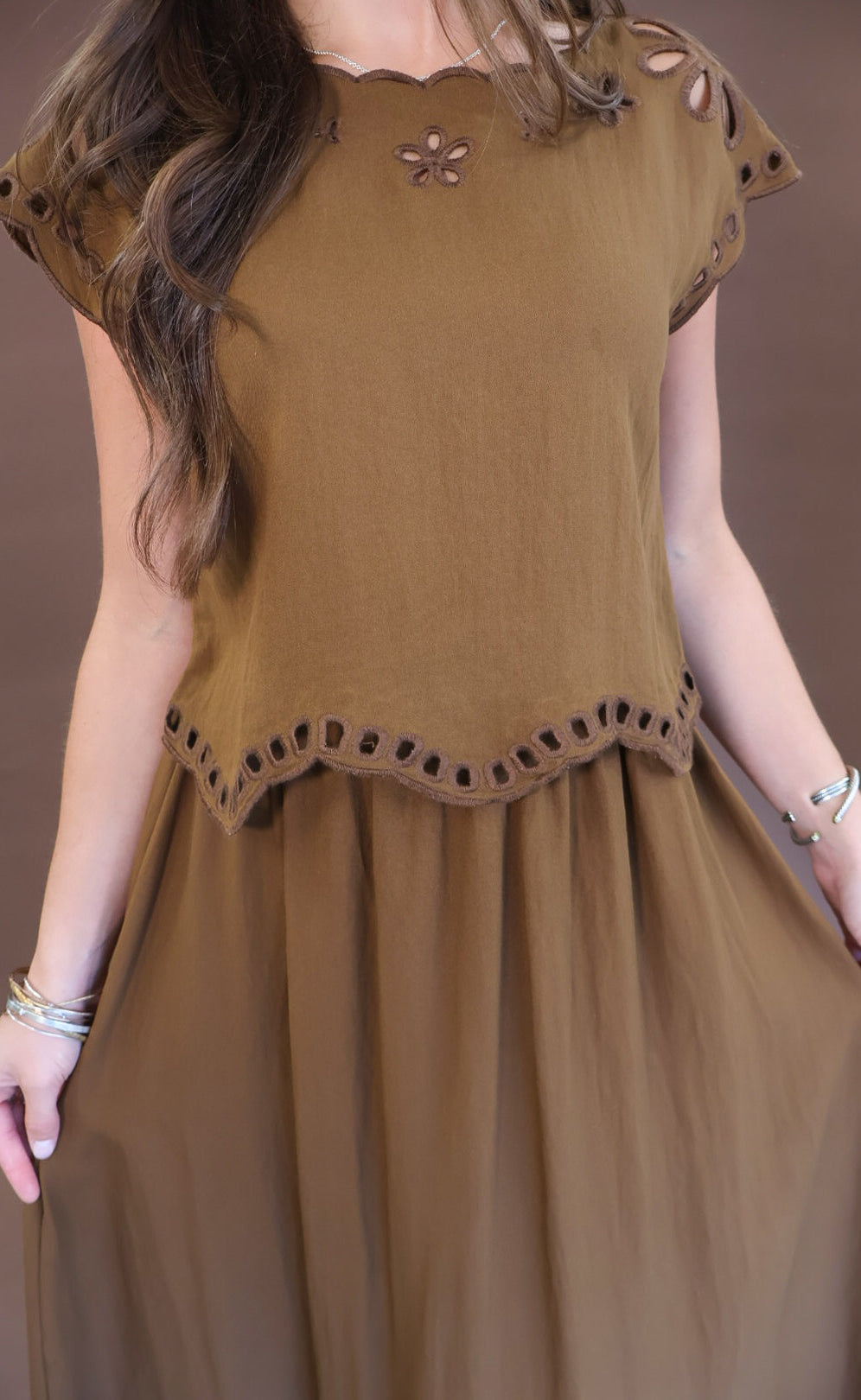 Chocolate eyelet cutout boxy top and skirt set
