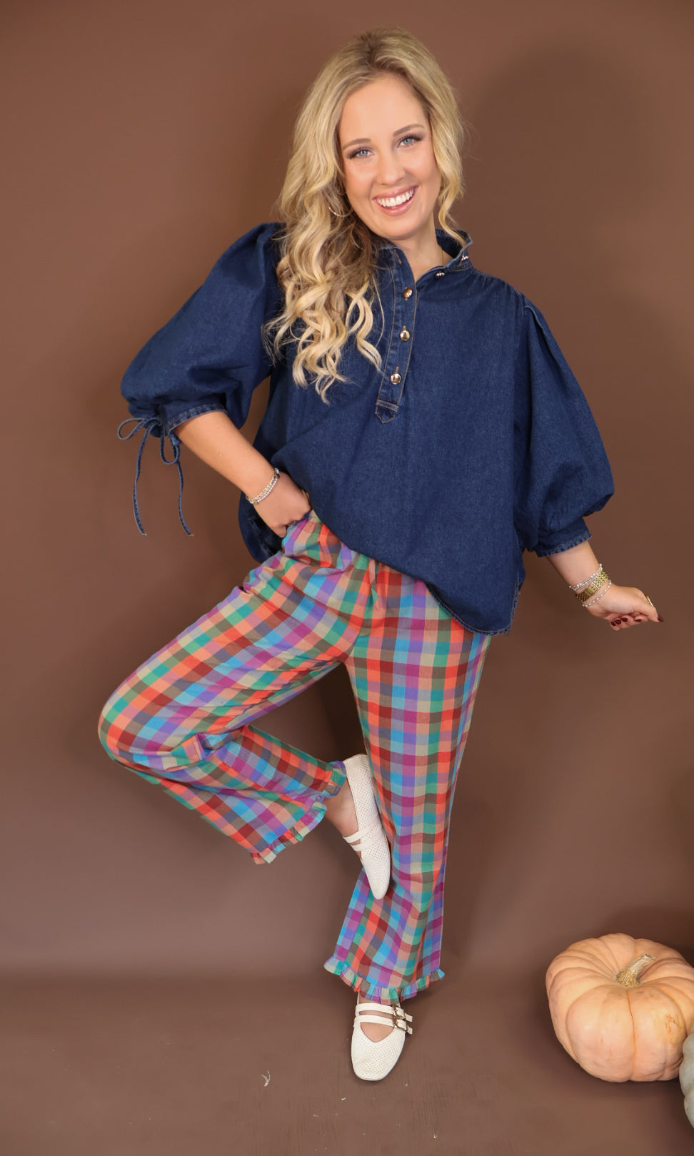 Dark Denim Balloon Sleeve Top — full outfit view.