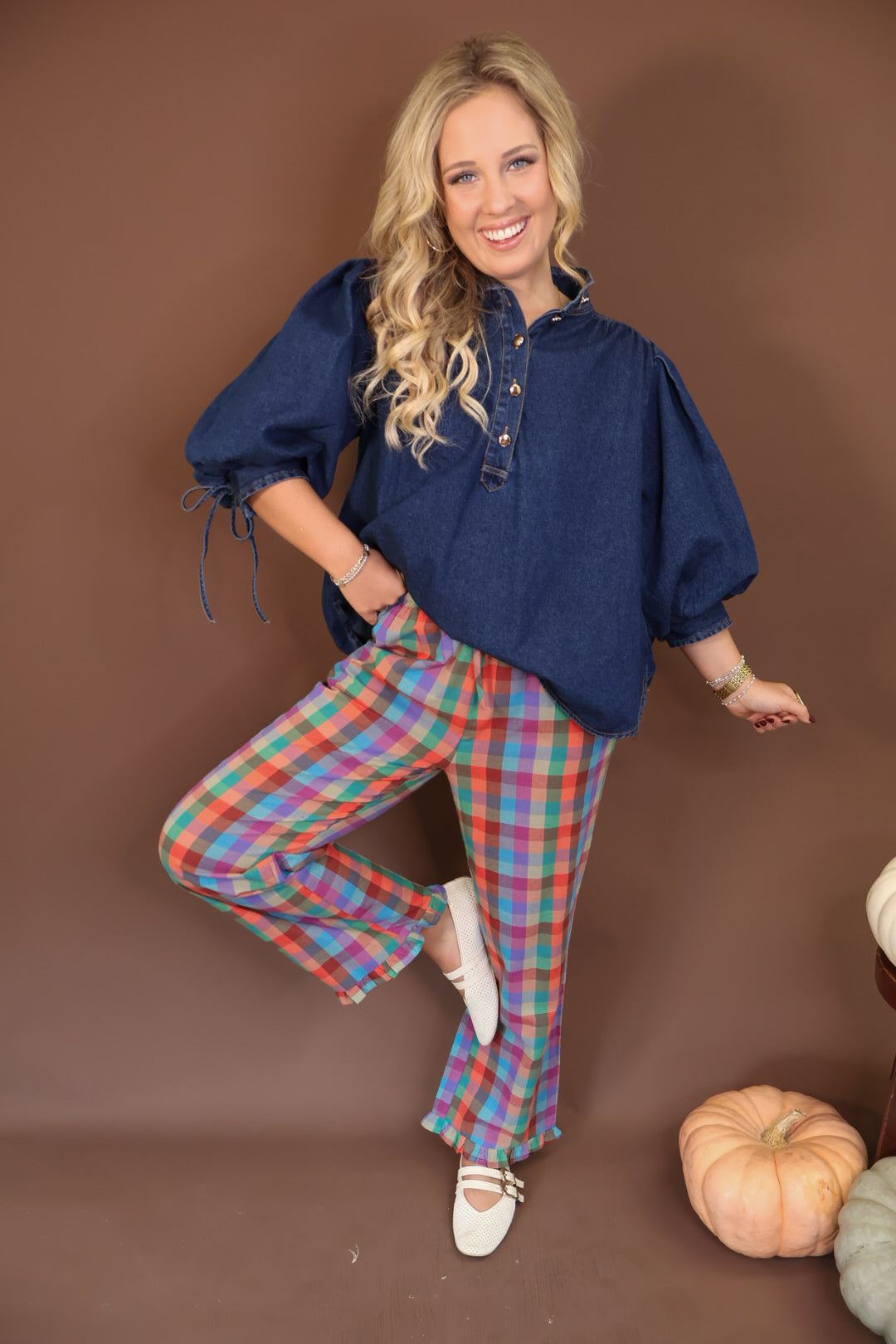 Dark Denim Balloon Sleeve Top — full outfit view.