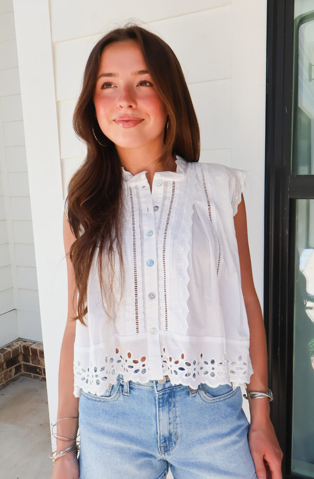 White Eyelet Button-Front Top