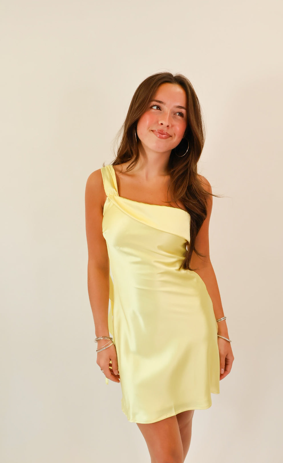 Sunshine Drape One Shoulder Satin Mini Dress