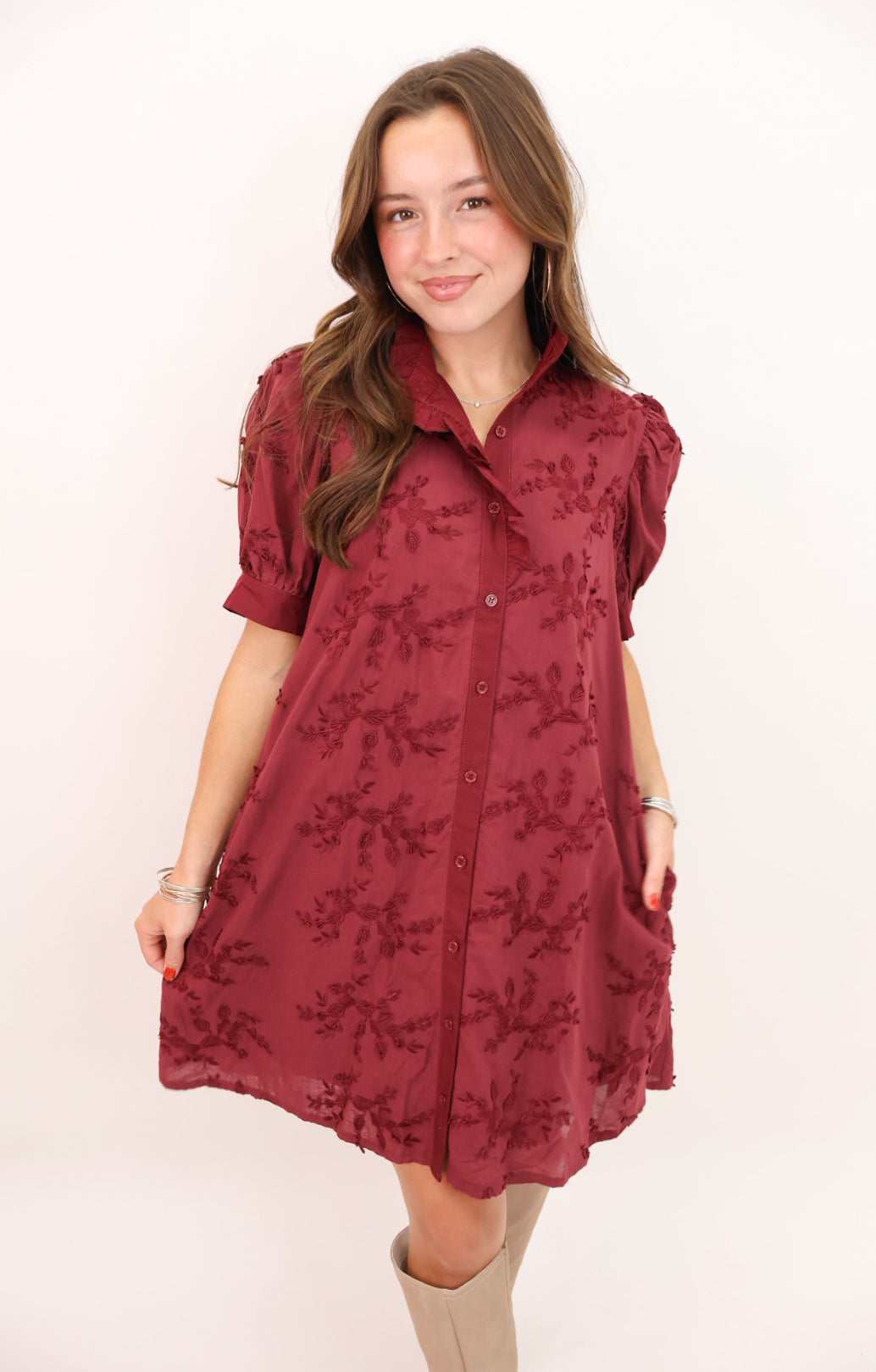 Embroidered Fall Dress - Burgundy