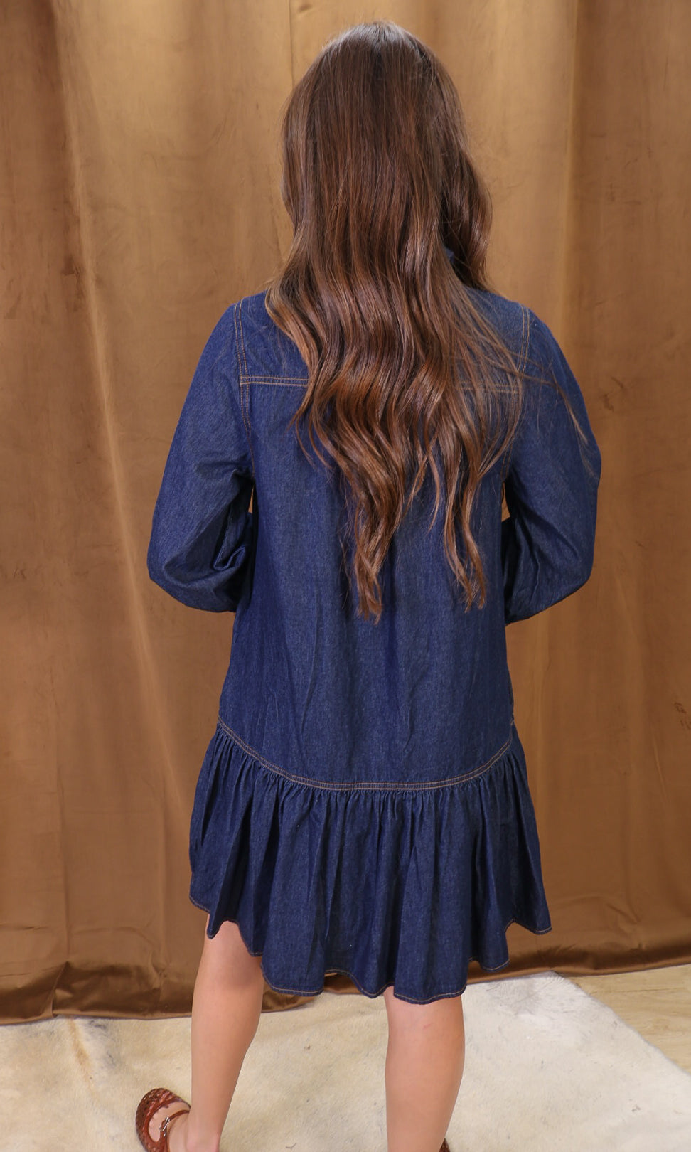 Dark Denim Tie-Neck Babydoll Dress — back view.
