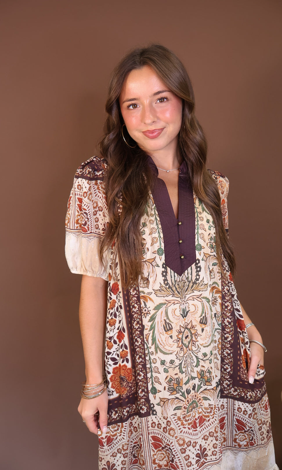 Boho Print Short Sleeve Midi Dress — front view.
